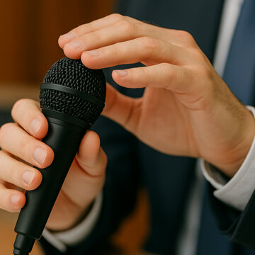 Hands adjusting a black handheld microphone before speaking