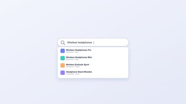 Minimalist search bar user interface mockup with dropdown autocomplete list suggestions on light background