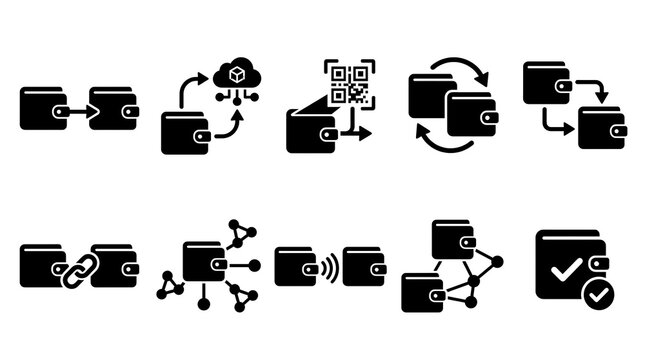 Digital wallet transaction icons set for financial technology