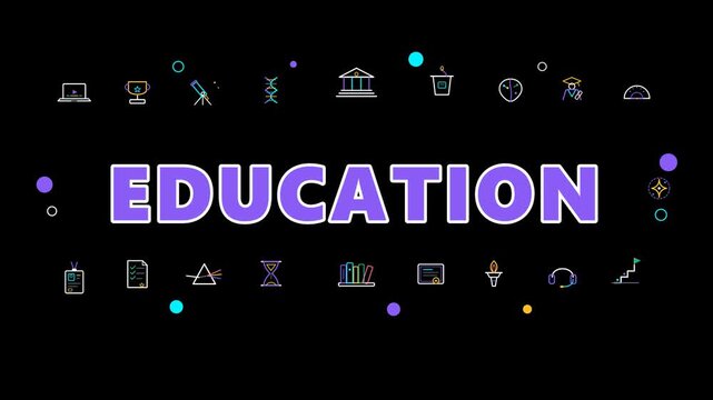 Modern vector education banner with commercial academic icons, higher learning tools, and vibrant typography on a clean black background.