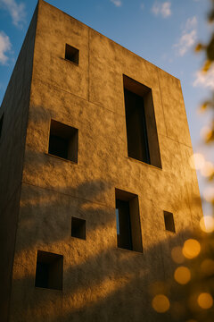 Minimal concrete building with deep rectangular openings in golden sunlight