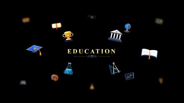 Modern 3D glassmorphic education layout featuring floating academic icons, scholastic gold accents, depth of field blur, and refined typography on pure black background.