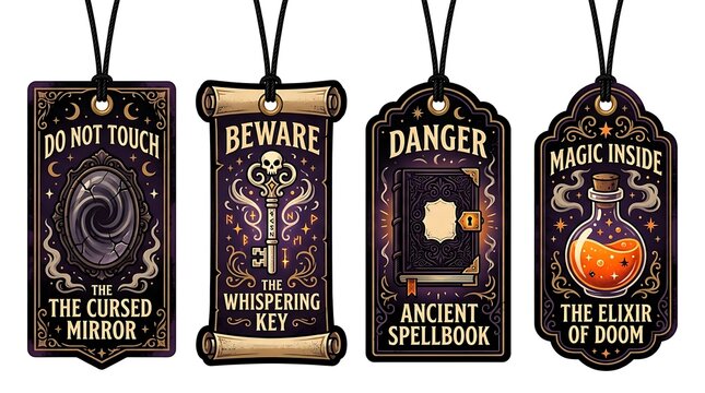Mystical Halloween Tags Set with Cursed Mirror Whispering Key Ancient Spellbook Elixir of Doom.