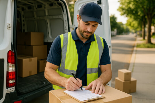 Delivery driver completing clipboard paperwork beside open parcel van