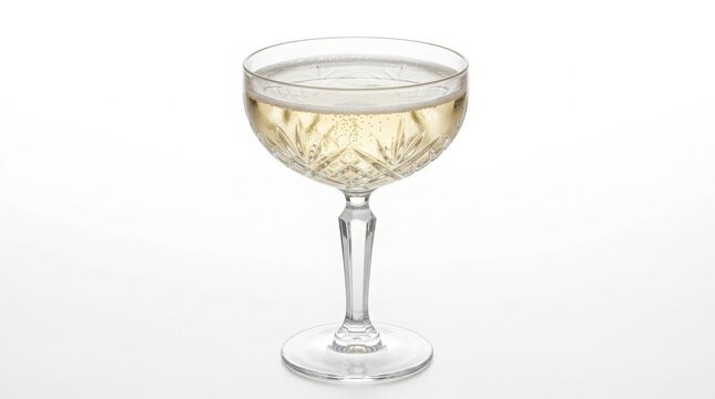 Elegant crystal champagne coupe filled with sparkling wine crystal glass white background beverage service bubbles in glass bar supply drink service champagne glassware celebration beverage