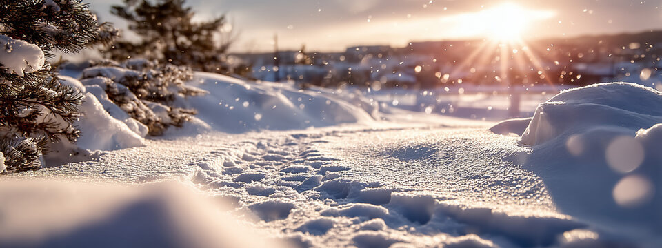 Low winter sun sparkles across snow covered countryside