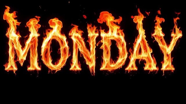 Monday word formed from blazing orange flames on black background, dramatic burning fire text animation with glowing heat and sparks