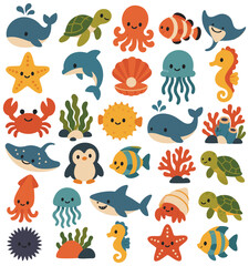 Obraz premium Ocean creatures flat design illustration isolated
