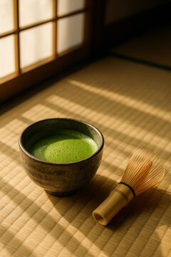 Green matcha tea and bamboo whisk on sunlit tatami