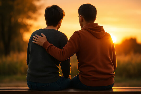 Two men sit together with reassuring hand on shoulder at sunset