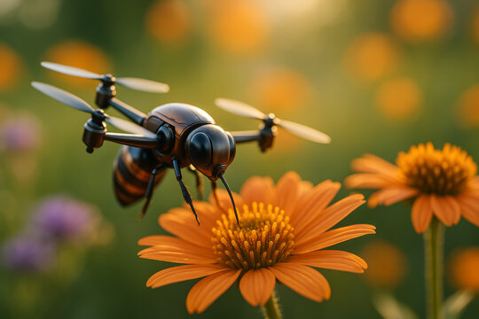 Robotic bee drone hovers above an orange garden flower