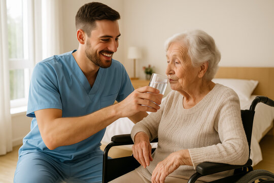 Caregiver offers water to elderly woman seated in wheelchair