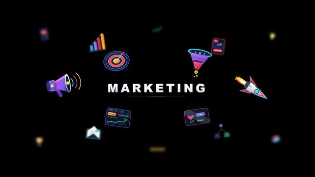 Modern 3D glassmorphic marketing layout featuring clean sharp typography, floating digital growth icons, depth of field blur, and vibrant accents on pure black background.