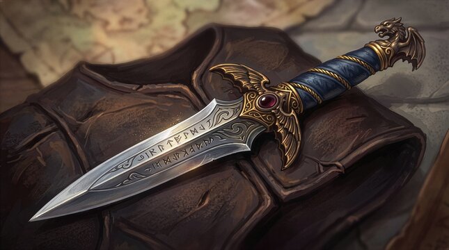 Digital fantasy illustration of an ornate dagger with an engraved runic blade, a golden dragon wing crossguard, a red ruby gemstone, and a blue rope-wrapped handle topped by a dragon pommel. It rests 