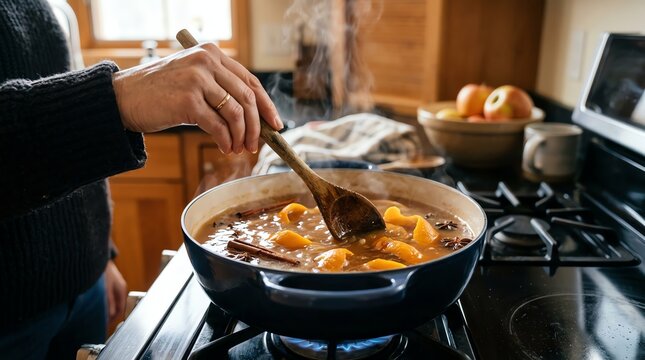 Cooking Sauce Pot with Dumplings on Stovetop in Warm Kitchen