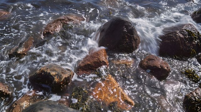 A dramatic ground-level coastal view showing glistening wet pebbles and sea stones sprayed by rushing ocean water along a rugged beach.