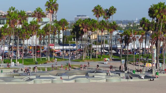 Aerial shot captures people skateboarding and strolling near Venice Beach Skatepark along the sandy coast, framed by towering palm trees, stores, and sunny Los Angeles urban surroundings.