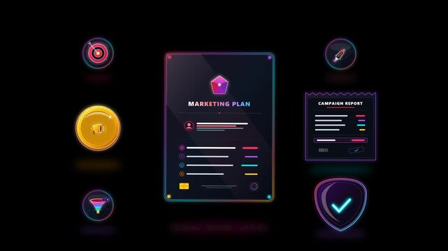 Modern 3D glassmorphic marketing plan layout featuring campaign growth icons, digital analytics report, brand safety shield, and golden token on black background.