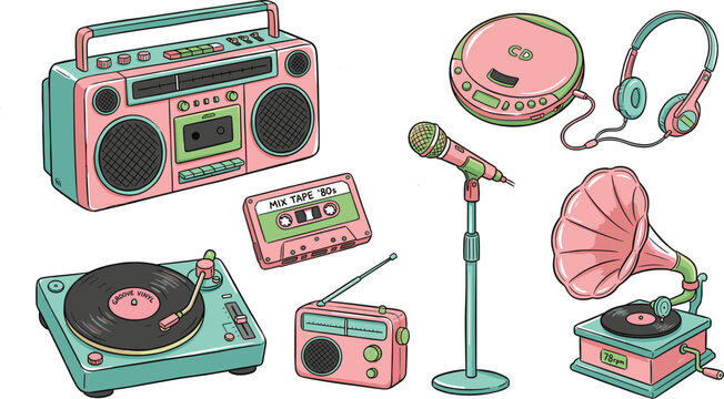 Retro Vintage Music Audio Device Vector Set with Pastel Boombox Cassette Tape Turntable Gramophone Walkman and Microphone Sketches for Nostalgic Graphic Designs