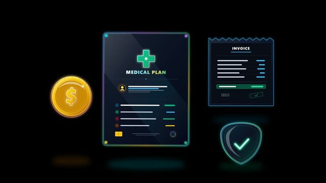 Modern 3D glassmorphic medical plan layout featuring healthcare insurance card, hospital invoice bill, protection shield with checkmark, and gold coin on black background.