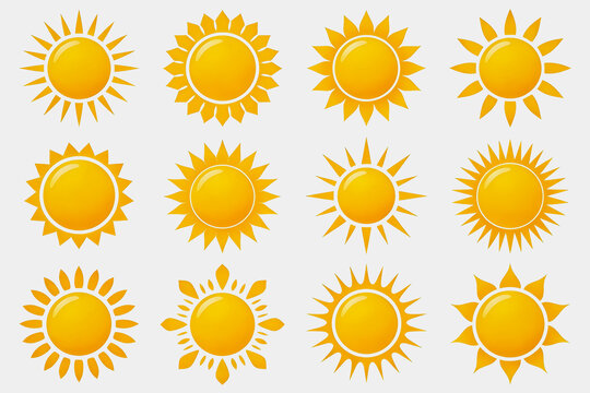 Collection of Twelve Stylized Flat Sun Icons With Different Rays