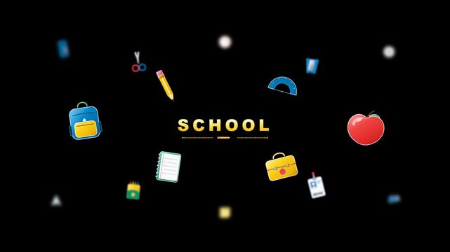 Modern 3D glassmorphic school layout featuring floating classroom icons, canary yellow and crimson accents, depth of field blur, and vibrant typography on pure black background.
