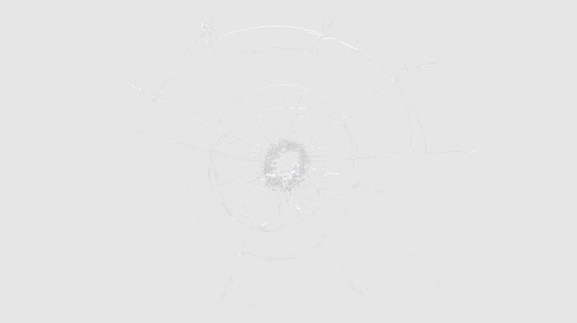 Shattered glass texture with bullet hole damage overlay. Radial cracks and circular fractures isolated on transparent background