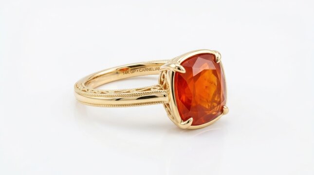Exquisite gold ring set with a cushion cut fire opal gemstone precious stone luxury jewelry fashion jewelry orange gemstone fine jewelry sparkling gem precious metal statement ring gold band