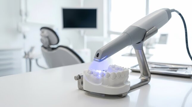 Intraoral scanner scanning dental teeth model with blue light