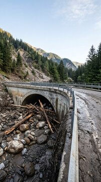 Mudflow and debris blocking a bridge in a mountain region