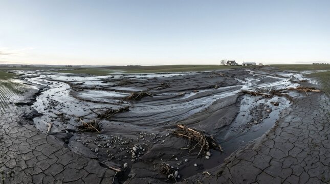 Panoramic view of agricultural soil erosion and mud after heavy rain