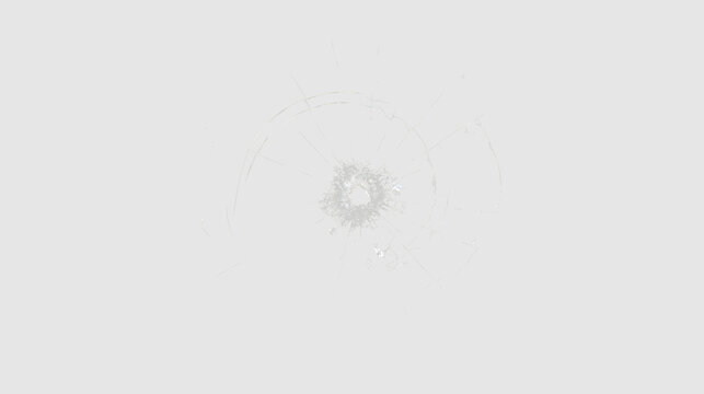 Realistic bullet hole in glass texture. Crushed windshield and cracked glass damage overlay on transparent background