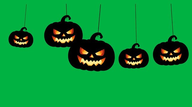 Five swinging jack o lantern pumpkins on green screen background. Seamless loop video animation clip for Halloween project.