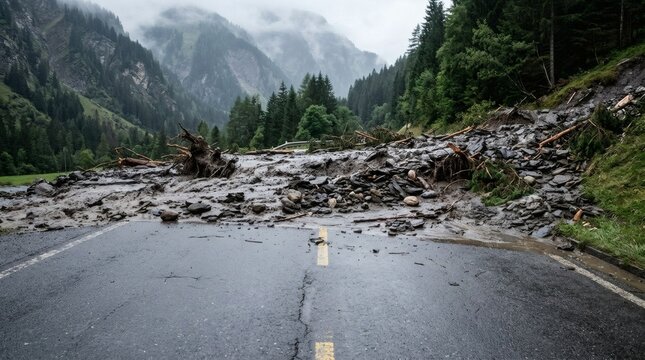 Mountain road blocked by a severe landslide and mudflow after heavy rain