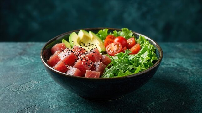 Delicious and vibrant tuna poke bowl with sesame seeds on a dark table.