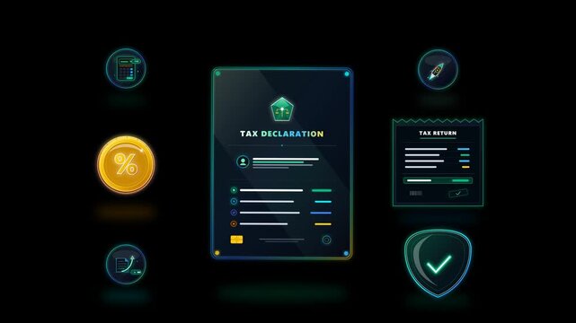 Modern 3D glassmorphic tax return layout featuring fiscal compliance icons, audited tax statement, official clearance shield, and treasury coin on black background.