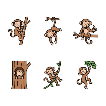 Monkeys playing on tree branches cartoon style