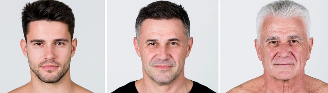 Triptych portrait sequence showing male aging progression from young adult to elderly for medical study background and timeline comparison design