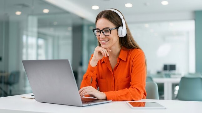 Young woman in a stylish orange blouse wearing glasses and headphones at her desk in a modern office setting.