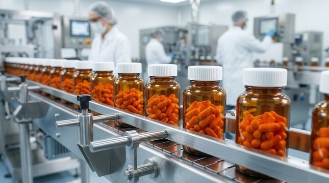 Pharmaceutical manufacturing process featuring orange capsules in amber glass bottles on a conveyor line.