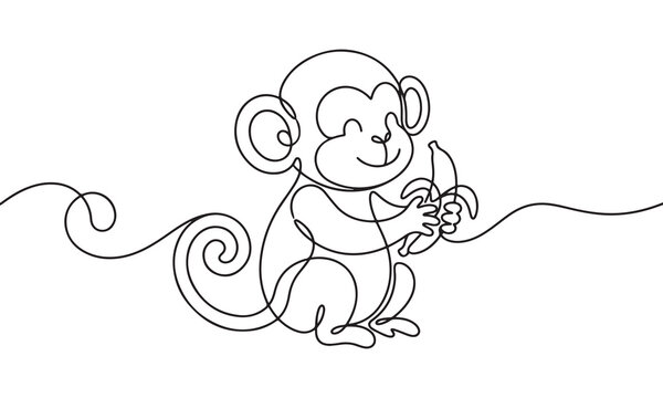 Continuous one line of a happy monkey holding and eating a banana, minimalist animal isolated on a white background, simple of a playful primate