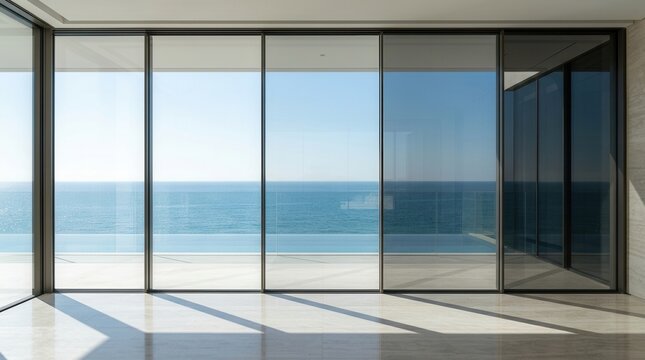 Luxury home interior featuring advanced smart glass windows with adjustable transparency levels.
