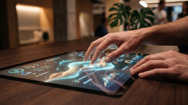 Human-centric technology concept: a close-up of human hands gently interacting with a smooth, organic digital interface glowing softly 