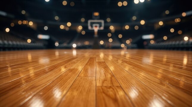 Empty sports arena featuring a polished wood basketball court and bokeh lighting.