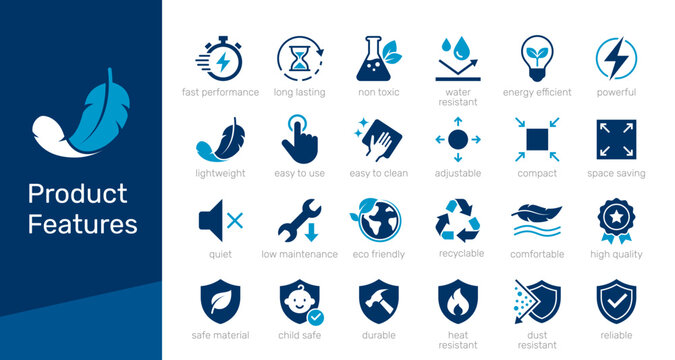 Product features solid icon collection for e-commerce property, item specification and quality guarantee concept