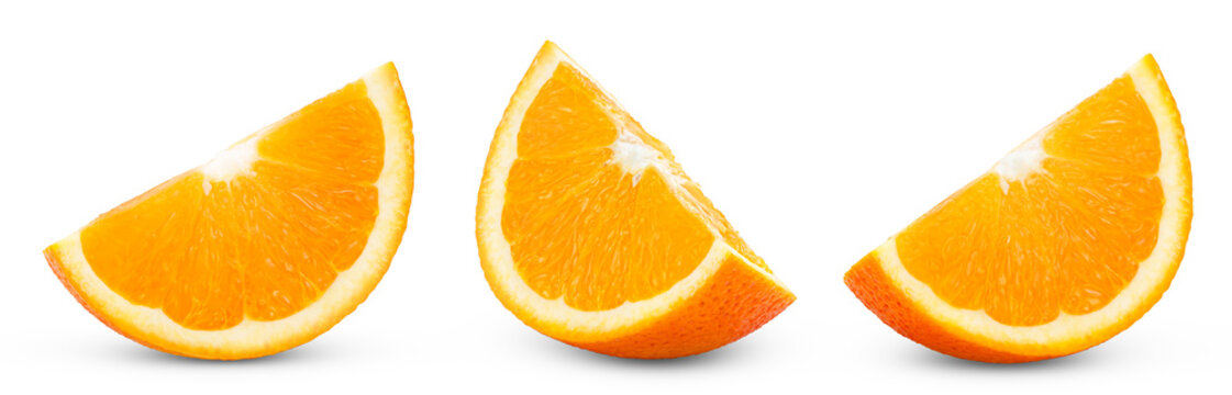 Orange slices isolated on white background. Juicy fresh cut in a slice of orange fruit isolate set, collection with clipping path.