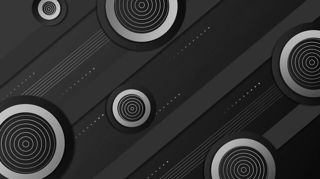 Abstract dark geometric background with diagonal stripes and concentric gradient circles animation