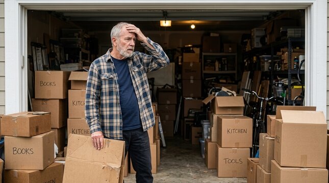 Chaos and disarray in a cluttered garage as a confused man contemplates home organization problems.