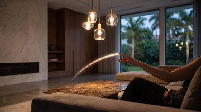 Gesture Control Dimming Lights in Luxury Living Room