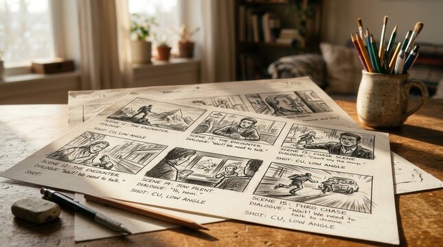 Visual storytelling through storyboard sketches, pencils, and art tools on a wooden desk.